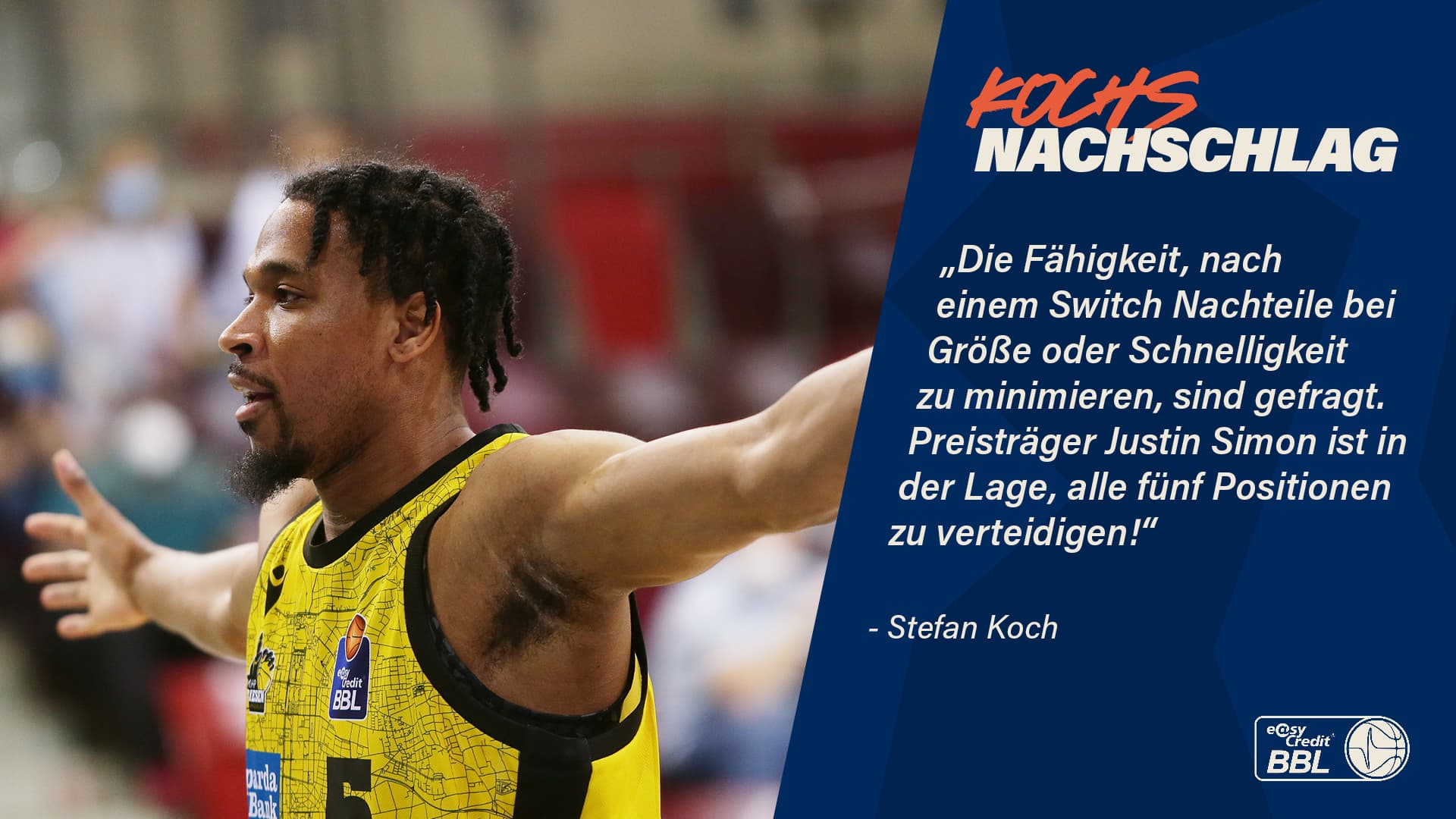 Vor fünf Wochen habe ich an dieser Stelle darüber sinniert, welche Kriterien für die Wahl des MVP Anwendung finden könnten und habe eine Shortlist der Kandidaten beigefügt. Letzteres wäre jetzt verfehlt, denn ich möchte mich damit beschäftigen, was einen guten Verteidiger auszeichnet und welche Möglichkeiten es gibt, defensive Leistungen zu erfassen. Das Namedropping kann ich mir dabei sparen, denn am Donnerstag hat die Liga neben dem besten Offensivspieler (T.J. Shorts) mit Justin Simon auch den besten Verteidiger bekannt gegeben. Mein Glückwunsch geht an beide Akteure!