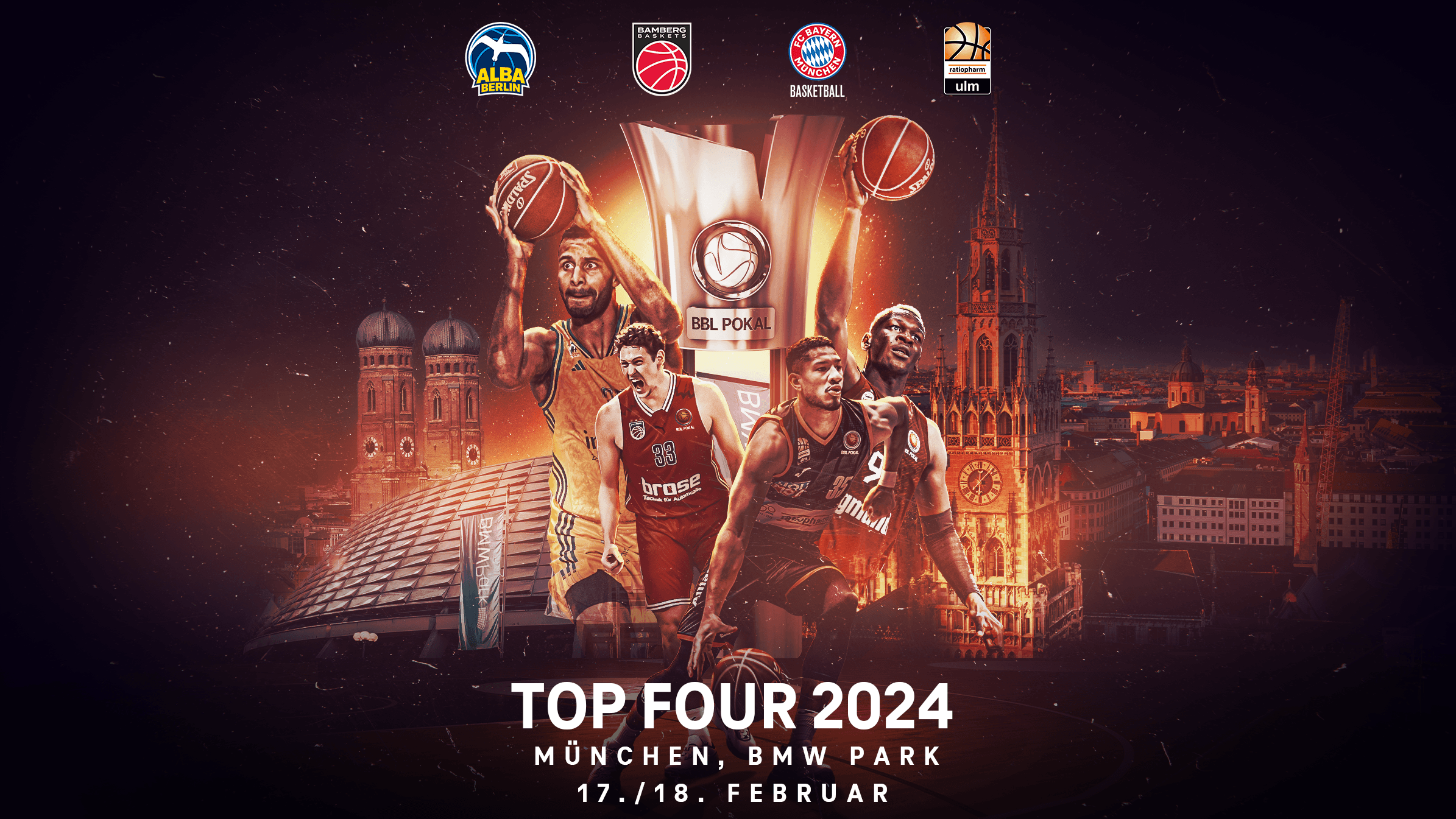 Der FC Bayern München Basketball hat sich nach zuletzt 2021 erneut die Austragung des TOP FOUR um den BBL Pokal gesichert und wird am Wochenende 17./18. Februar 2024 Gastgeber der Pokal-Endrunde sein. Qualifiziert für das TOP FOUR im BMW Park sind neben dem amtierenden Pokalsieger aus München ALBA BERLIN, die Bamberg Baskets und der Deutsche Meister ratiopharm ulm.