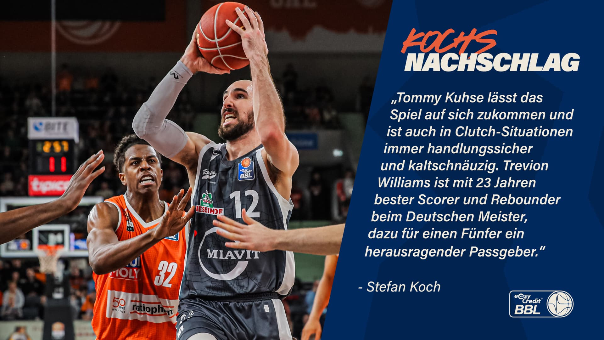 Nachdem ich euch in der vergangenen Woche die sechs deutschen Spieler meines Vorrundenteams vorgestellt habe, lege ich heute mit den internationalen Akteuren nach. Vielleicht werdet ihr fragen, warum der wohl beste Center der Liga nicht auftaucht. So wie die NBA eine Mindestzahl an absolvierten Spielen vorschreibt, um einen Spieler am Saisonende mit einer individuellen Auszeichnung zu bedenken, habe ich auch ein Minimum an Partien festgelegt. Ich habe mich für zwei Drittel der von der Mannschaft bestrittenen Vorrundenbegegnungen entschieden – und diesen Wert hat Serge Ibaka nicht erreicht. Sein Mannschaftskollege Devin Booker hat es gerade so geschafft. Aber weil es mir so unglaublich schwerfiel, mich zwischen ihm und Jeff Garrett zu entscheiden, habe ich tatsächlich beide Power Forwards gewählt. Mein Team wäre mit sieben Ausländern allerdings keine Ausnahme. Schließlich kann der Coach so die Belastung auch besser steuern. 