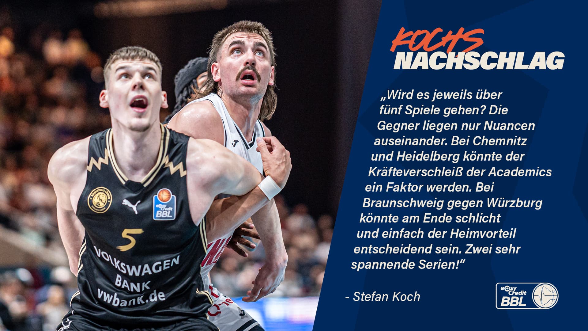 Der neue Modus der Play-Ins hat sich aus meiner Sicht aufgrund seines spannungsgenerierenden Elements bei seiner Premiere vor einem Jahr bewährt. Da wir deshalb bis Donnerstag warten müssen, um zu wissen, wer der Viertelfinalkontrahent des Hauptrundenersten sein wird, befasse ich mich in meiner ersten Playoff-Vorschau mit den beiden Serien, die ohne Play-In-Qualifikanten über die Bühne gehen werden. Darin spielen mit Chemnitz und Würzburg zwei Halbfinalisten der Vorsaison. Sie treffen mit Braunschweig und Heidelberg auf zwei Emporkömmlinge, die während der Hauptrunde die Nachfolge von Chemnitz und Würzburg als Überraschungsteams der Liga angetreten haben. Die Basketball Löwen verfügen gegen Würzburg über den Heimvorteil, während die Heidelberger als Fünfter zumindest einmal in Chemnitz gewinnen müssen. Sehen wir auch in dieser Saison Überraschungsteams im Halbfinale, oder wiederholen die mittlerweile etablierte(re)n Mannschaften ihren Einzug in die nächste Runde?