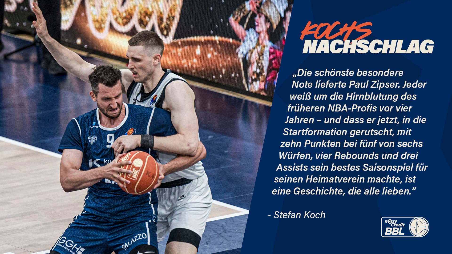 Die Spiele in den Playoffs erfüllen bislang meine Erwartungen. Wir sehen Spannung, taktische Kniffe und intensive Begegnungen. Die Stimmung und die Emotionalität in den Hallen haben ansteckenden Charakter. In dieser finalen Saisonphase ist es auch immer so, dass einzelne Spieler in den Vordergrund treten und den Unterschied machen. Dies sind in der Regel die „üblichen Verdächtigen“. Aber es gibt auch Akteure, die entscheidenden Einfluss nehmen, mit denen man nicht unbedingt rechnen konnte. Diese „stillen Helden“ sind aber nicht weniger wertvoll. Deshalb blicke ich in diesem Nachschlag auf die zweiten Partien der Viertelfinalserien zurück und werfe einen Blick auf Repräsentanten beider Gruppen, die wichtige Beiträge zu den Erfolgen ihrer Teams geleistet haben. Dabei gehe ich nicht auf das Duell zwischen dem amtierenden Meister und dem Pokalsieger ein, das die Bayern in Weißenfels mit 80:65 gewannen, ohne dass ich dabei einen Akteur identifizieren konnte, der den von mir gewählten Spielerkreis zwingend erweitern müsste.