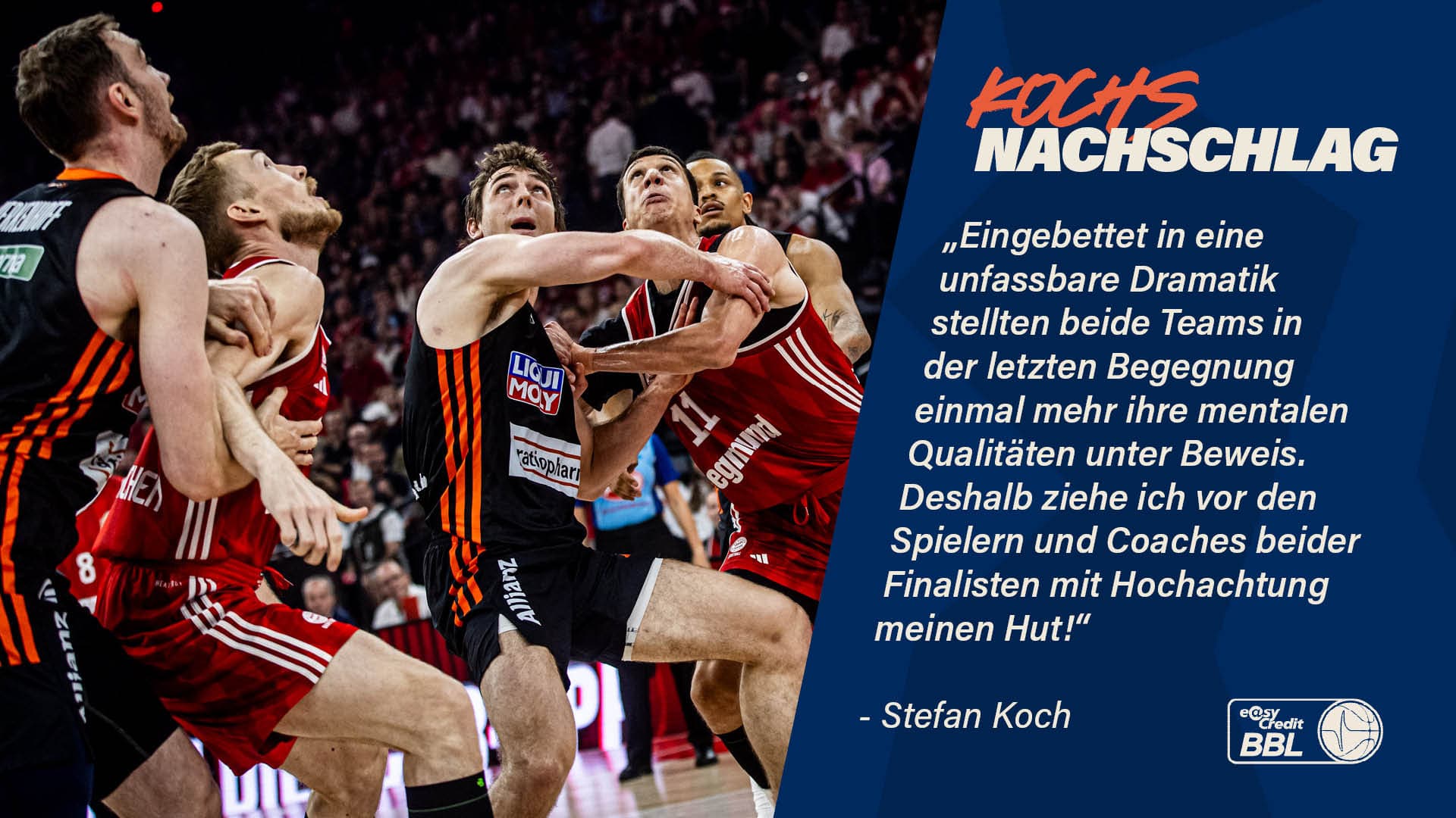 Gratulation an den FC Bayern München Basketball zur siebten Deutschen Meisterschaft, Gratulation an ratiopharm ulm zur Vizemeisterschaft und zu einer großartigen Spielzeit, die in einer Finalserie mündete, in der die Uuulmer dem Favoriten alles abverlangten. Eingebettet in eine unfassbare Dramatik stellten die Teams in der letzten Begegnung der Saison einmal mehr ihre großen mentalen Qualitäten unter Beweis. Deshalb ziehe ich vor den Spielern und Coaches beider Finalisten mit Hochachtung meinen Hut!