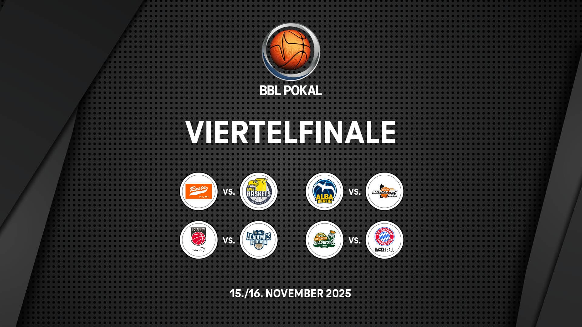 Heute wurden im Anschluss an das letzte Achtelfinale des BBL-Pokals zwischen dem FC Bayern München Basketball und den Basketball Löwen Braunschweig die Paarungen des Viertelfinales ausgelost.
