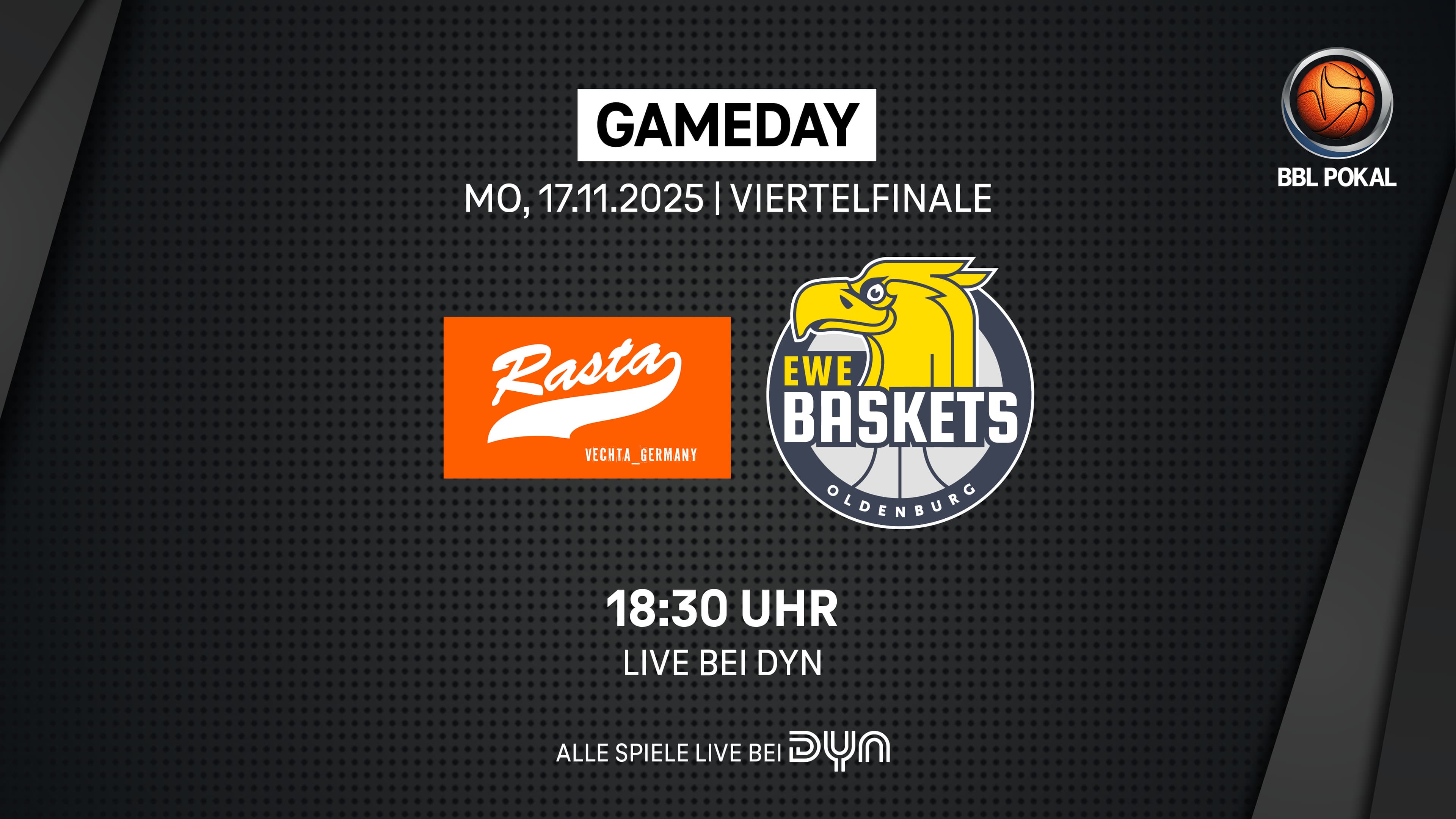 Eine willkommene Pause vom Ligaalltag bietet das Derby im Pokal-Viertelfinale den Teams von RASTA Vechta und den EWE Baskets Oldenburg. Willkommen deshalb, weil sowohl Vechta als auch Oldenburg in der Meisterschaftsrunde so ihre Probleme haben: Vechta hat die jüngsten drei Ligaspiele verloren und ist auf den 14. Tabellenrang abgerutscht, Oldenburg verlor die ersten vier Saisonpartien, ehe der 61:60-Zittersieg im Pokal-Achtelfinale gegen die Fitness First Würzburg Baskets das lang ersehnte Erfolgserlebnis in einem Pflichtspiel brachte. Eine Woche später gelang gegen Aufsteiger Trier dank der 52-Punkte-Gala von Chris Clemons auch der erste Sieg in der Liga – nachhaltigen Effekt hatten die beiden Erfolge jedoch nicht: Es folgten weitere Niederlagen in Rostock und Ludwigsburg.